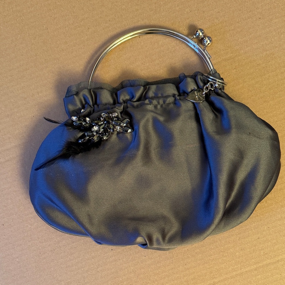Vintage Nine West grey Satin Jeweled Handle Evening Clutch